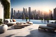 3D,a modern luxury outdoor patio with an infinity pool, comfortable lounge furniture, and breathtaking cityscape views