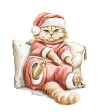 Watercolor Cute Christmas Angry Cat Kitten Character Sitting On Pillows In Santa Claus Costume Isolated On White Background. Hand Drawn Illustration Sketch
