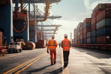 Dock workers walking through the container yard. Container yard port of import and export of goods.