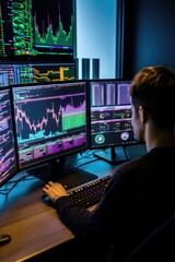 Wall Mural - Crypto trader investor analyst broker using pc computer analyzing online cryptocurrency exchange stock market indexes charts. Generative AI