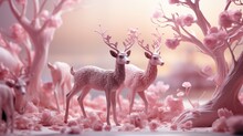 Artistic Composition In Pink Colors With Blooming Trees And Deers. Illustration For Cover, Card, Postcard, Interior Design, Decor, Invitations, Print.