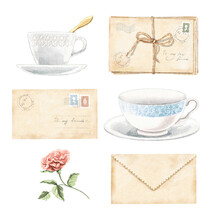 Watercolor Set With Vintage Old Beige Letters With Stamps And Marks, Rose Flower And Porcelain Cups Isolated On White Background. Watercolor Hand Drawn Illustration Sketch