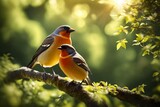 Fototapeta  - birds, chirping in a garden, on trees, in bright sunlight