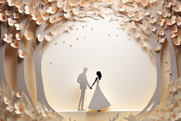 Wall Mural - 3d wedding card design with a floral frame, white background, and a couple