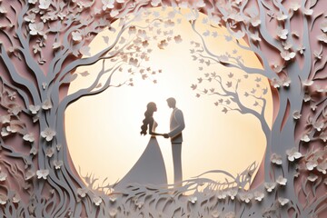 Wall Mural - 3d wedding card design with a floral frame, white background, and a couple