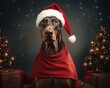 Close up portrait of brown skin doberman dog with red hat and costume for new year.