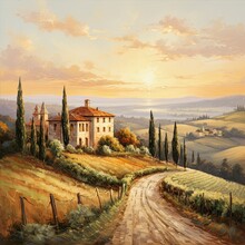 Countryside House At Sunset Painting - Beautiful Rural Landscape, Italian Style Painting, Landscape Painting, Countryside Painting, Sunset, Rural Landscape, House Landscape, Painting 