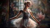Graceful gentle classical ballet little female dancer ballerina in pink tutu. Beautiful girl listens to classical music and gets ready to dance.