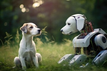 Sticker - A dog sitting in the grass next to a robot. Generative AI.