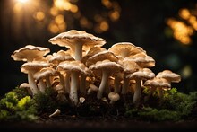 Group Of Oyster Mushrooms On Black Background. Ai Generative