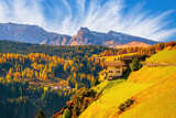 Fototapeta Psy - A breathtaking autumn landscape in Val Gardena, Dolomites, South Tyrol, Italy. Vibrant fall colors of the trees against the backdrop of the majestic mountain range and picturesque sky