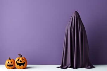 Wall Mural - Purple ghost stands near pumpkins, free space for text