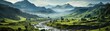 A captivating, ultra-wide panoramic shot of a tranquil, mist-shrouded mountain valley