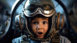 Kid boy with an astonished and surprised look dressed as an airplane pilot with helmet. Generative AI