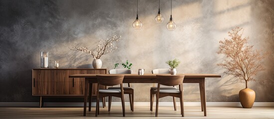 Real photo of dining room interior with wooden table white chairs and a lamp beside it featuring wallpaper