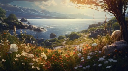 Wall Mural - A painting of a landscape with flowers and trees