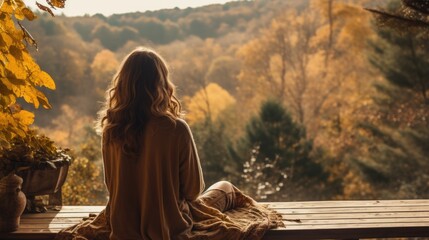 Wall Mural - A woman sitting on a bench looking out over a forest