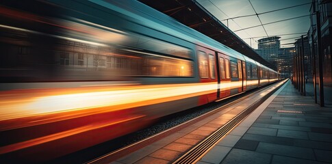 Wall Mural - High speed train in motion on the railway station at sunset. Fast moving modern passenger train on railway platform. Railroad with motion blur effect.