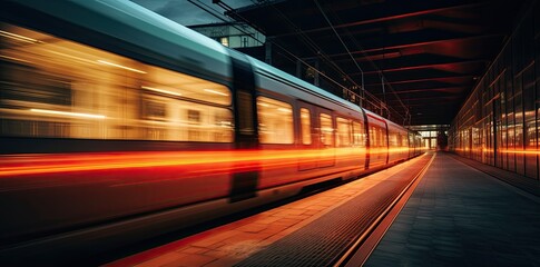 Wall Mural - High speed train in motion on the railway station at sunset. Fast moving modern passenger train on railway platform. Railroad with motion blur effect.