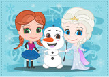 Fototapeta  - Ice Team Kids, cute girl and snowman, frozen
