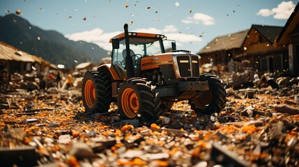 Sticker - a tractor in a pile of leaves