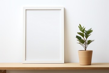 Wall Mural - a white frame on a shelf next to a plant