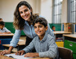 © Pathompong - photo of happy teacher and kids at school room, generative AI