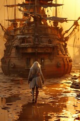 Poster - a woman walking in front of a large ship