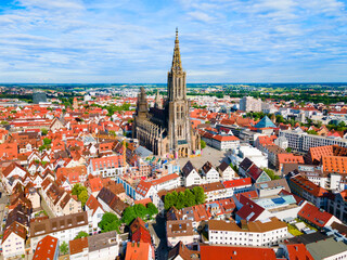 Poster - Ulm Minster Church aerial panoramic view, Germany