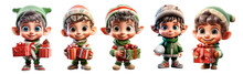 Set Of Christmas Elf 3d Character Isolated On Transparent Background. Smiling Elf. Happy Elf With Gift Box