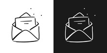 Hand Drawn Doodle Of Opened Envelope. Incoming Message. Letter Notification Symbol In Black And White. Vector EPS 10