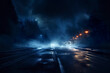 © Vagner Castro - Background of an intriguing scene in the dark of night. Wet asphalt in bluish tones creating a dramatic effect with smoke in the air. Scenario with an enigmatic atmosphere.