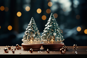 Sticker - Cute little Christmas trees standing on the table top. The concept of Christmas, preparations for Christmas. Generative Ai.