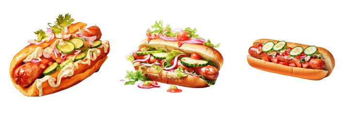 Sticker - Png Set Hot dog topped with sausage cucumbers tomatoes onions and mayo transparent background