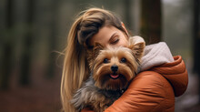 A Woman Hugging Her Pet Dog, Yorkshire Terrier, Cuddling, Love