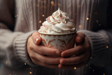 Sticker - A person's hand holds a cup of hot cocoa topped with whipped cream, highlighting both the visual and sensory aspects of winter indulgence. Generative Ai.