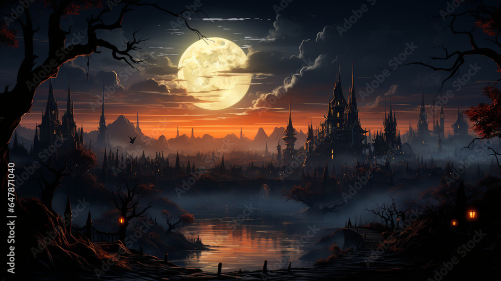 "An illustration of a castle on a full moon night, a beautiful yet ...