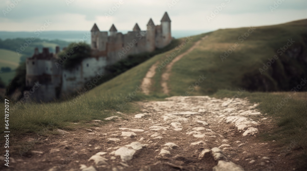 Winding rocky dirt path going along grassy hills leading to old ...