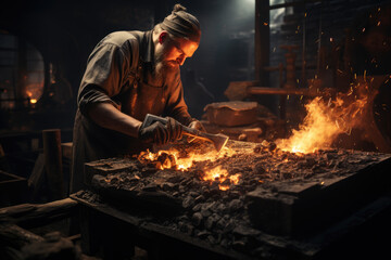 Poster - A blacksmith forging a red-hot iron piece with precision. Generative Ai.