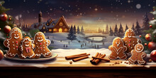 christmas tree and snowman in the night with illustration of Christmas gingerbreads on a table next to festive spices on snowy winter christmas new year created with generative ai