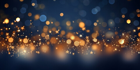 Christmas golden light smoldering stars and bokeh particles on dark blue background. New Year wishes. AI generated