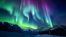 Northern Lights In The Night Sky, Mountain And Snow, Beautiful Night With Stars, Aurora Borealis, Aurora Polaris, Polar Lights, Stars, Norway, Iceland, Greenland