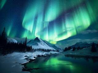 Wall Mural - northern lights in the night sky, mountain and snow, beautiful night with stars, aurora borealis, au