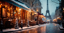 Night Snowy Christmas Paris, New Year Holiday, Blurred Background - AI Generated Image