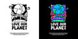© Epan - Happy earth planet mascot character with love our planet typography, illustration for logo, t-shirt, sticker, or apparel merchandise. With doodle, retro, groovy, and cartoon style.