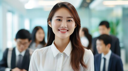 picture of a happy, successful Asian young businesswoman in her workplace