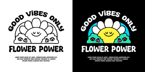Wall Mural - Peaceful sunflower with flower power typography, illustration for logo, t-shirt, sticker, or apparel merchandise. With doodle, retro, groovy, and cartoon style.