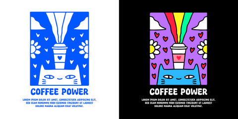 Wall Mural - Funny cat and cup of coffee with coffee power typography, illustration for logo, t-shirt, sticker, or apparel merchandise. With doodle, retro, groovy, and cartoon style.