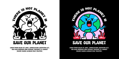 Wall Mural - Angry earth planet mascot with save our planet typography, illustration for logo, t-shirt, sticker, or apparel merchandise. With doodle, retro, groovy, and cartoon style.