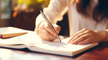 Canvas Print - Closeup woman writing on a notebook on desk. generative ai